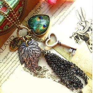 Peacock Antique Rose Leaf Key Boho Hippie Long Pendant 24" Necklace USA SHIP